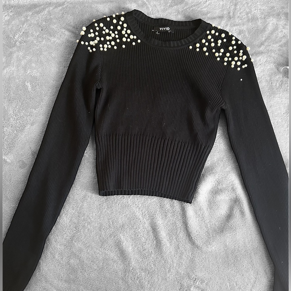 Black Knit Coquette Crop Top with Pearl Neckline Accents